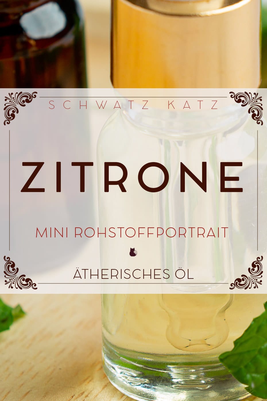 Ätherisches Zitronenöl Mini Rohstoffportrait auf Schwatz Katz