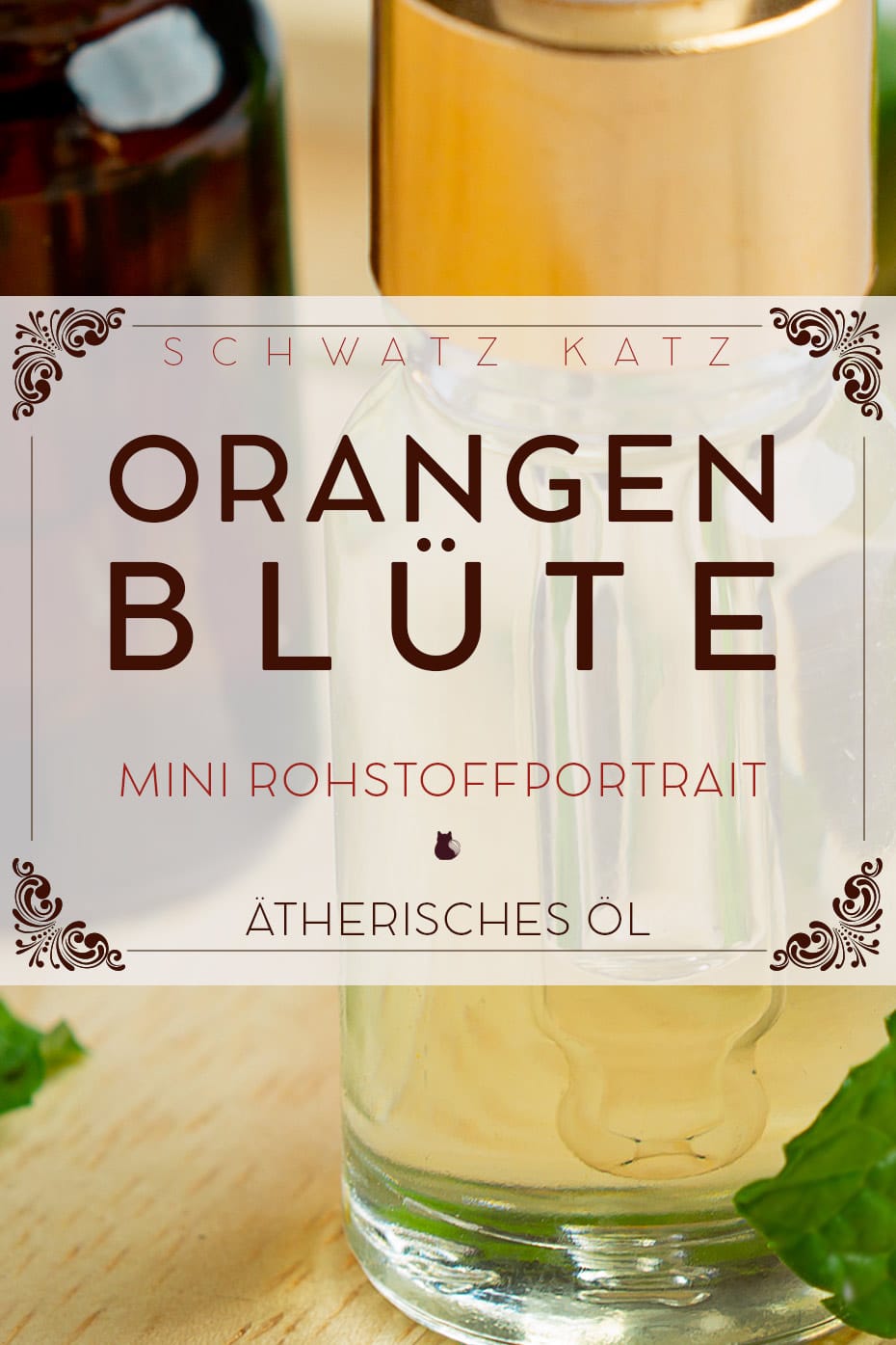 Ätherisches Orangenblütenöl / Neroliöl Mini Rohstoffportrait auf Schwatz Katz